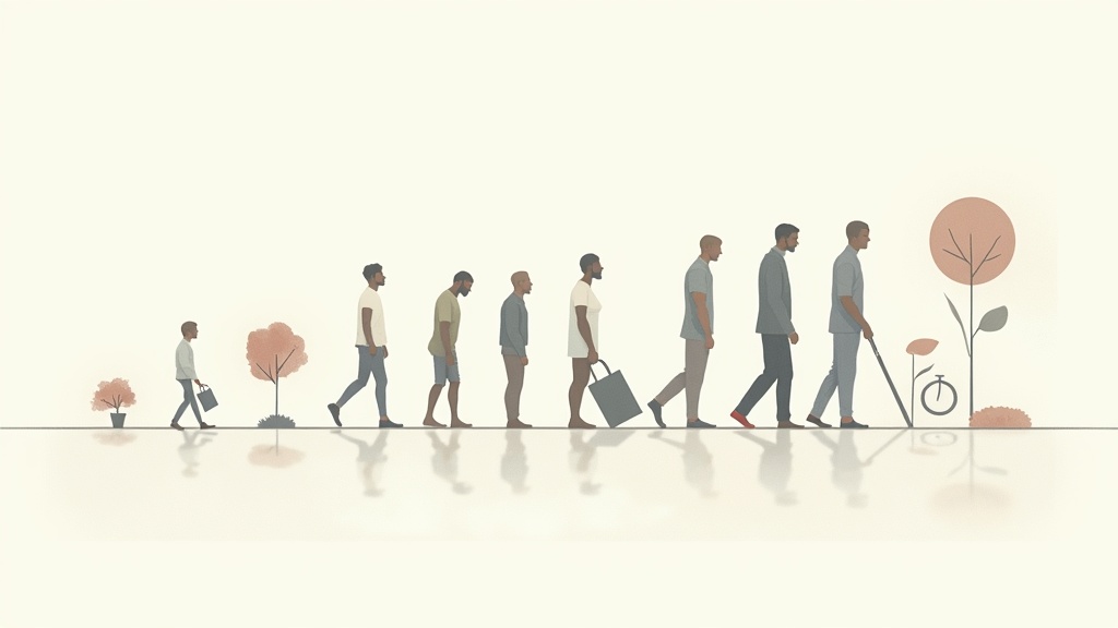 a stylishly illustrated timeline showing different stages of life with age-appropriate symbols and abstract patterns